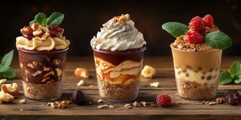three desserts with different toppings on a wooden table
