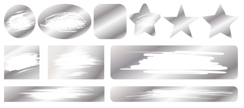 Silver scratch card. Lottery tickets protective layers, scratch-through surfaces of different shapes, game card, instant win coupon, promotional stickers, silver glossy metal, vector isolated set