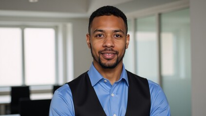 Fototapeta premium Young Black Man in Blue Shirt and Black Vest Stands in Office