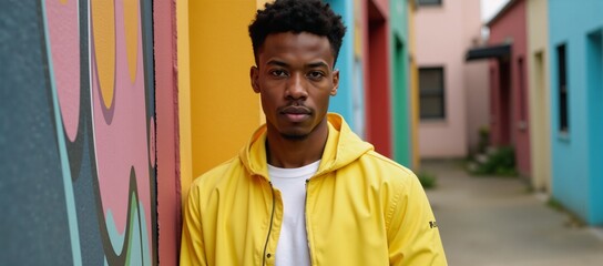 A confident African-American man dons a stylish yellow jacket and bold makeup while striking a pose against a vibrant urban backdrop
