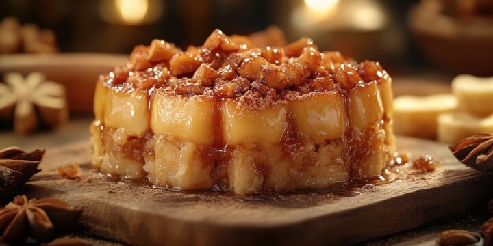 a dessert with nuts and caras on a wooden board