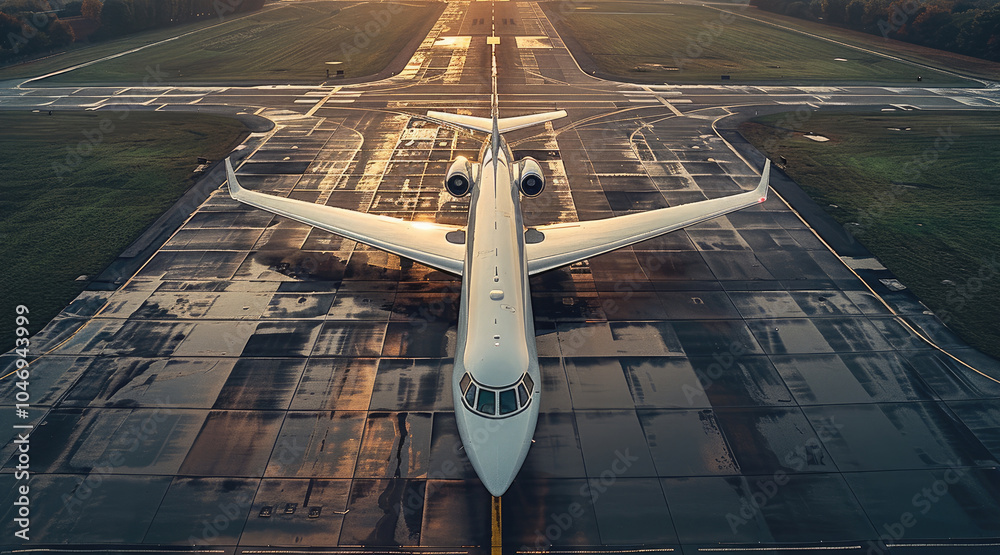 Poster a private plane taking off from a runway. taken from an elevated position.