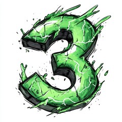 electric green number 3 in lightning strike anime-style cartoon