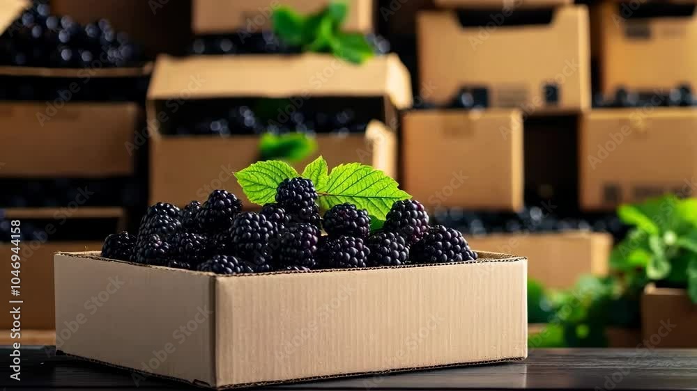 Poster A box of fresh blackberries with a green leaf, set against a backdrop of cardboard boxes.