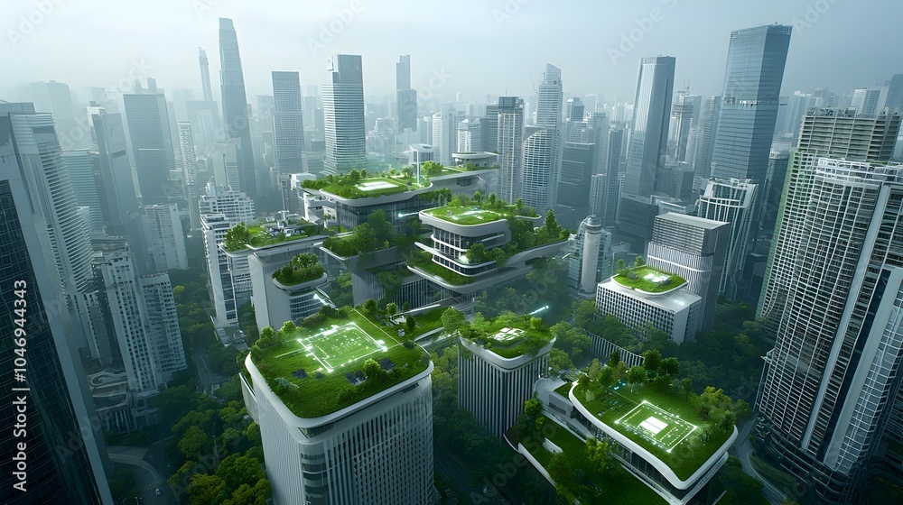Poster sustainable futuristic green city with towering buildings powered by clean energy and overlaying dig