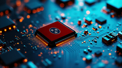 A Tennessee themed chip is placed on a detailed circuit board, with glowing connections that emphasize influence in electronics, computing, and tech innovation.