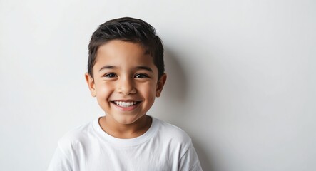 hispanic latino kid boy white background wearing plain white tshirt smiling happy portrait
