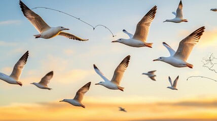Fototapeta premium Seagulls soaring against a colorful sunset sky, creating a serene atmosphere.