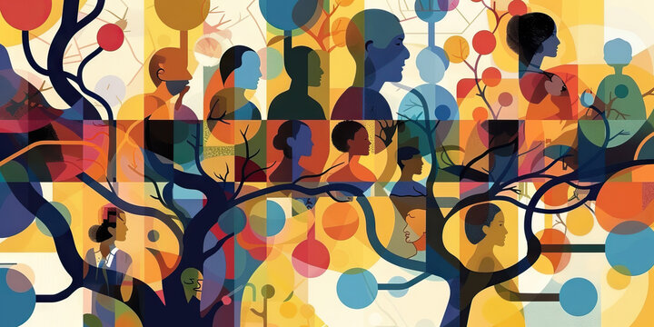 A modern, artistic interpretation of a genealogy chart, using abstract shapes and bold colors to represent the intertwining relationships between family members.