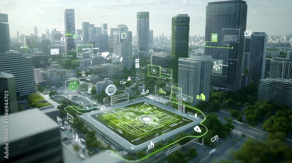 Fototapete A modern sustainable city surrounded by digital security grids and systems showcasing the fusion of eco friendly technology and advanced cybersecurity infrastructure to create a resilient efficient
