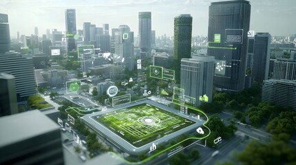 A modern sustainable city surrounded by digital security grids and systems showcasing the fusion of eco friendly technology and advanced cybersecurity infrastructure to create a resilient efficient
