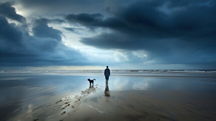 a man and his dog silhouetted against the vibrant colors of a sunrise