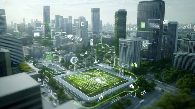A modern sustainable city surrounded by digital security grids and systems showcasing the fusion of eco friendly technology and advanced cybersecurity infrastructure to create a resilient efficient