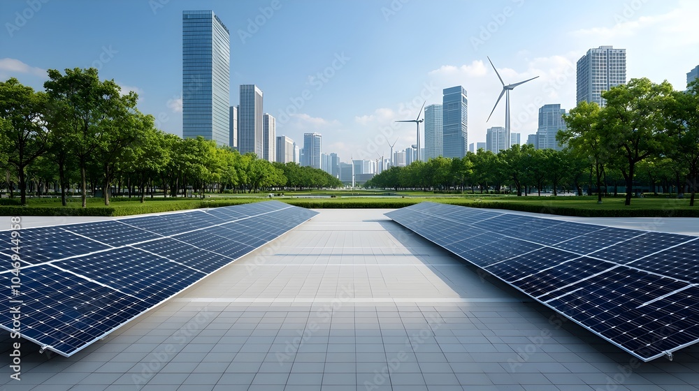 Poster a sustainable cityscape of the future powered entirely by wind and solar energy with complex digital