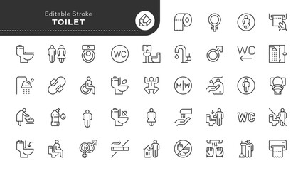 Toilet line icon set. Public toilet, rules of use, women's, men's and disabled toilet, mother and child room, restroom and more. Outline vector icon in linear style. Pictogram collection.