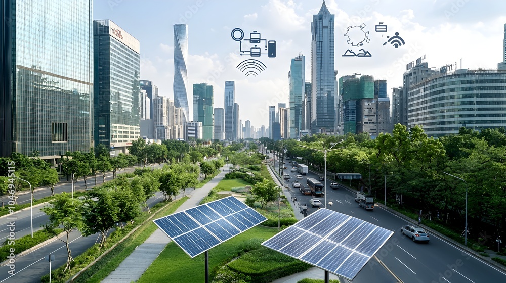 Poster eco friendly smart city with renewable energy driven infrastructure lush parks and advanced digital 