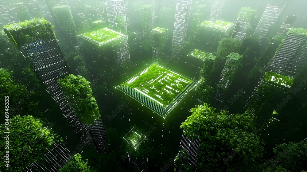 Poster Secure and Sustainable Future City Powered by Renewable Energy and Digital Grid A high tech green urban landscape with a digital security network and efficient energy infrastructure