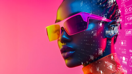 A futuristic figure with neon glasses and braided hair