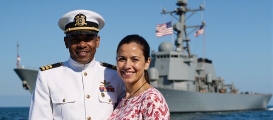 A veteran African-American Navy Officer stands proudly with spouse by warship beneath the American flag on Veterans Day