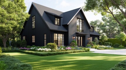 Obraz premium Modern black farmhouse with large windows and lush garden in a serene suburban neighborhood during daylight.