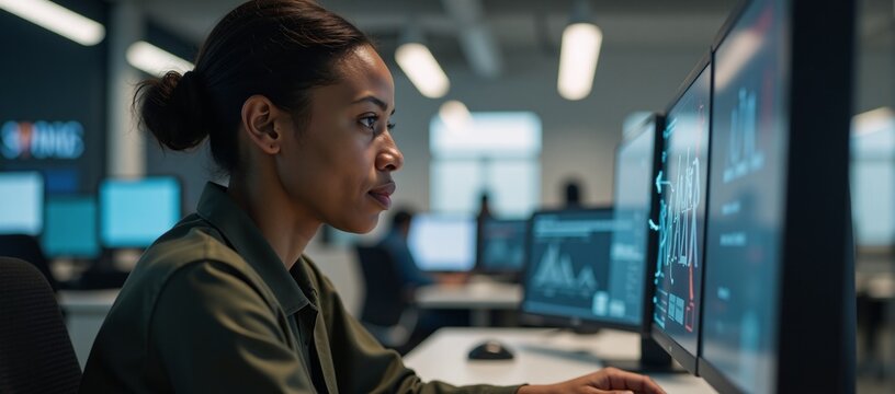 An African American woman works at her desk within a modern ICT environment featuring a sleek futuristic GUI