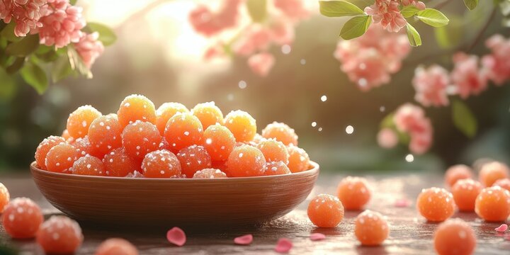 a bowl of orange candis sitting on a table