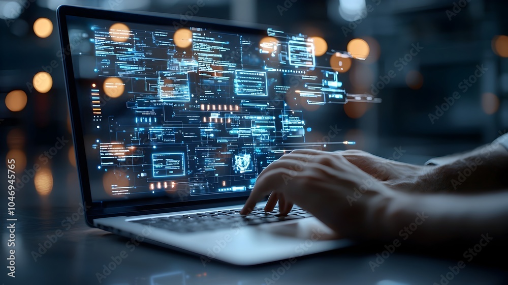 Poster Hacker Strategizing Cybercrime Attack in Dimly Lit Room with Futuristic Digital Interface and Warm Bokeh Lighting Effects