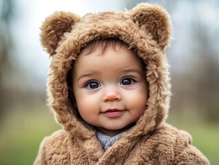 Bear Ears. Portrait of an Adorable Baby Boy in Furry Jacket Outdoors