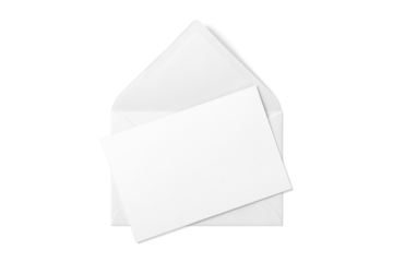 Opened envelope mockup with blank paper isolated on a transparent background, PNG. High resolution. 
