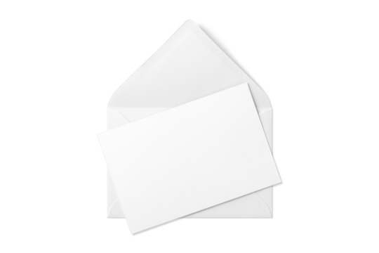 Opened envelope mockup with blank paper isolated on a transparent background, PNG. High resolution. 