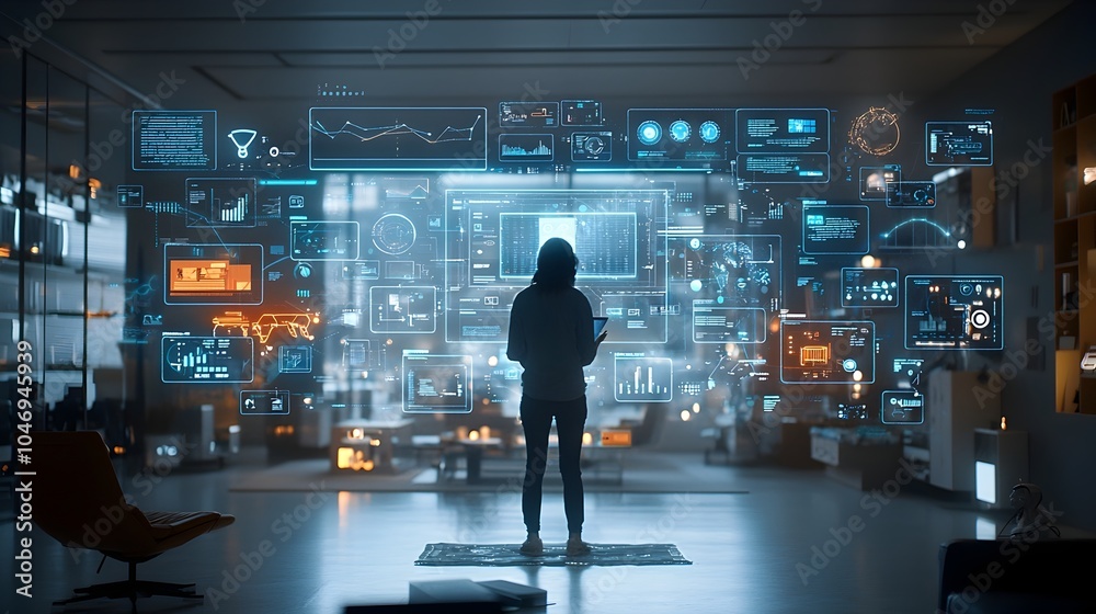 Leinwandbilder Hacker working on a cyber attack in a dark high tech room with warm bokeh lighting and a floating digital safety interface creating a futuristic and ominous ambiance