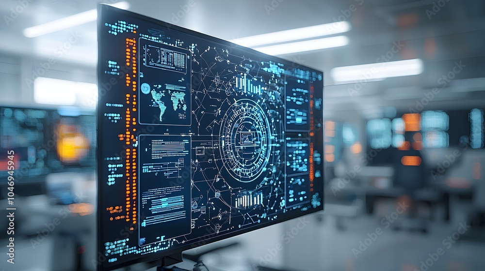 Leinwandbilder Hacker Executing Cyber Attack on Secure Digital Interface with Floating Tech Ambiance  High tech dark room with warm bokeh lights in the background and a complex digital safety system interface