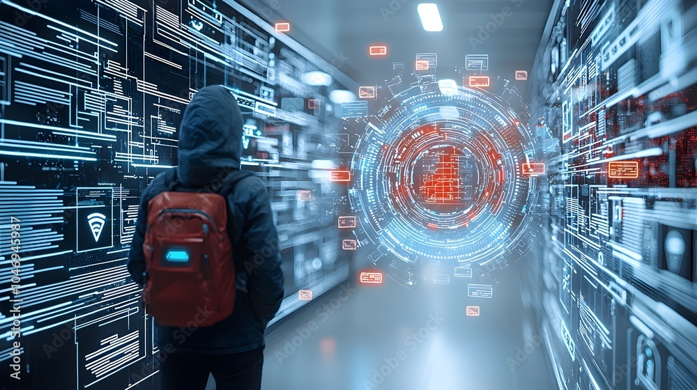 Leinwandbilder Hacker seen from behind as they infiltrate a digital system with a soft glow and futuristic security interface elements hovering in the air around them suggesting a cyber threat or data breach
