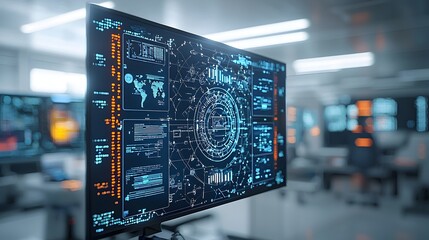 Hacker Executing Cyber Attack on Secure Digital Interface with Floating Tech Ambiance  High tech dark room with warm bokeh lights in the background and a complex digital safety system interface