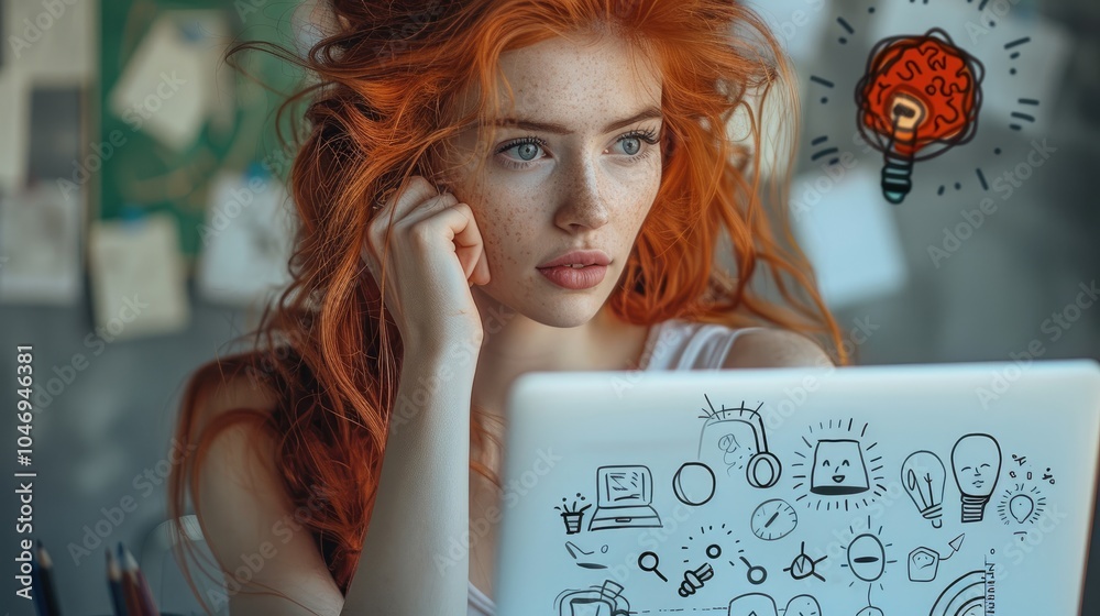 Poster a woman with red hair on a laptop, with illustrations around her head to show her adhd problem-solvi