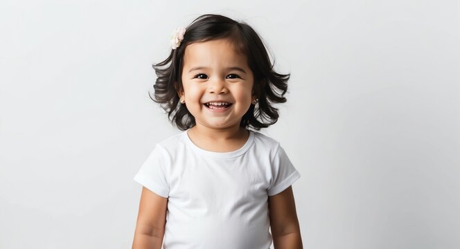hispanic latino toddler girl white background wearing plain white tshirt smiling happy portrait