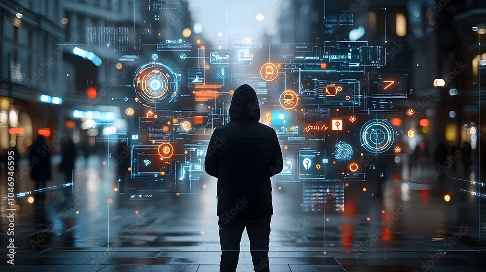 Fototapete Silhouette of a hacker surrounded by warm bokeh lights with holographic security interfaces displaying vulnerabilities during a cyber attack in motion