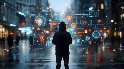 Silhouette of a hacker surrounded by warm bokeh lights with holographic security interfaces displaying vulnerabilities during a cyber attack in motion