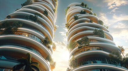 Three cylindrical high-rise condominiums. Soft white curved exterior. View from the ground. Lots of natural light. Lots of greenery and nature on the ground. Futuristic.