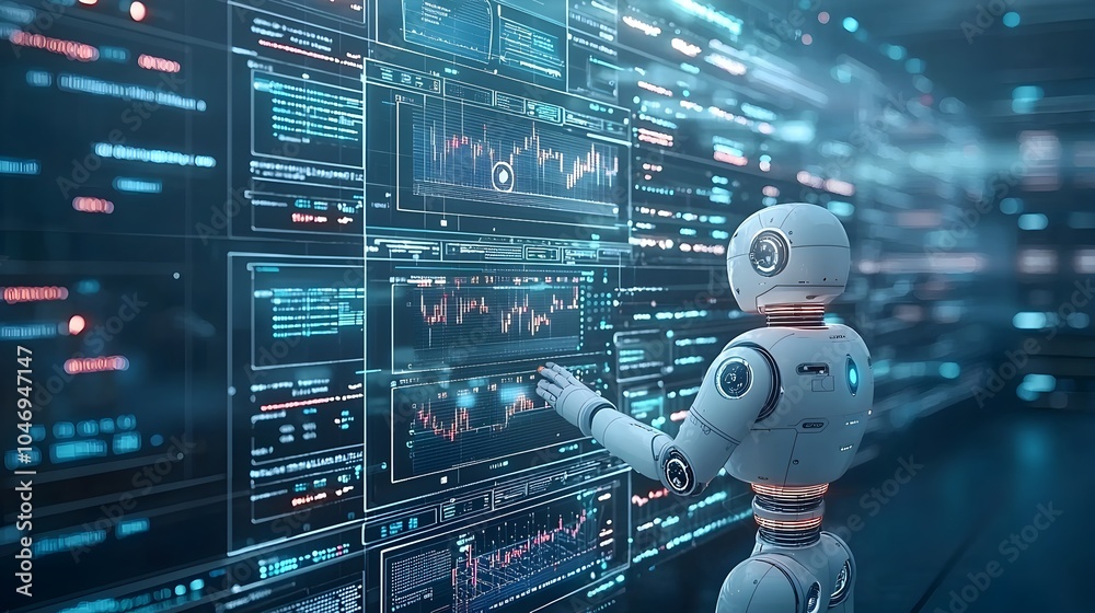 Leinwandbilder futuristic robot navigating through a blue toned digital environment filled with financial data char