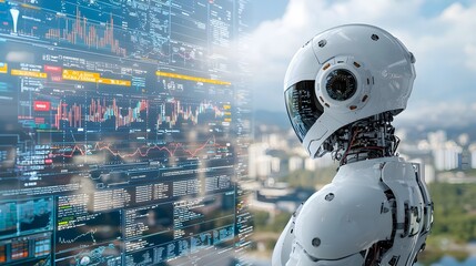 Robotic silhouette against a sleek blue background with a double exposure of forex charts financial graphs and data visualizations