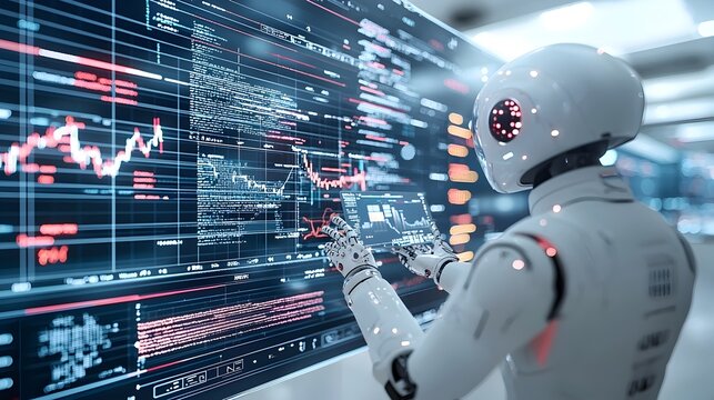 Futuristic Intelligence Robot Navigating Automated Financial Data and Trading Insights with Double Exposure of Forex Charts and Financial Graphs