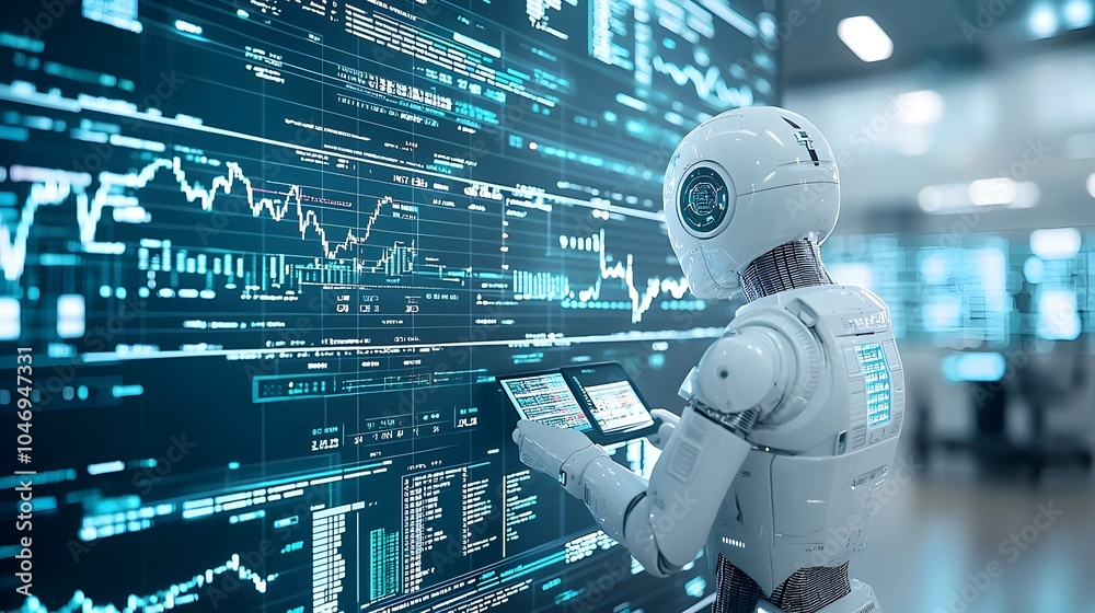 Fototapete cutting edge ai driven trading visualized with robotic silhouette and financial graphs on a blue bac