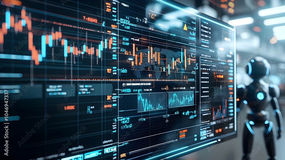 Poster Digital representation of AI powered financial trading platform with a robot silhouette and double exposure of financial graphs and forex charts on a blue background
