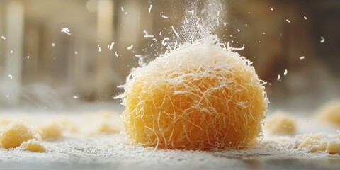a pile of shredded oranges with a splash of sugar