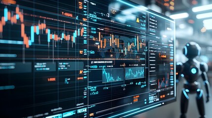 Fototapeta premium Digital representation of AI powered financial trading platform with a robot silhouette and double exposure of financial graphs and forex charts on a blue background