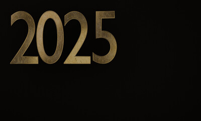 2025 new year golden logo on black background. Greeting design with realistic gold metal number of year. Design for greeting card, invitation, calendar. 3d rendered.