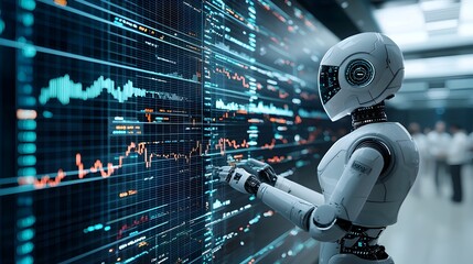 AI Powered Robot Figure Overlaid with Dynamic Financial Market Charts and Forex Data Conveying High Tech Trading Concepts and Data Driven Intelligence