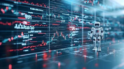 Robotic Finance AI Driven Trading Concepts in a Digital Landscape  This image depicts a futuristic robot figure combined with financial market charts and forex data