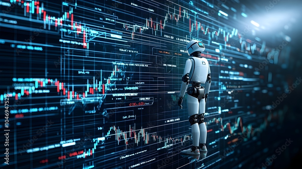 Leinwandbilder Futuristic robot silhouette with double exposure of forex charts and financial graphs deep blue tones highlighting the automated trading concept and data driven decision making